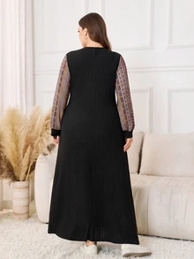Seusyu Plus Size Women's Black Knit Textured Striped Long Sleeve Digital Print A-Line Elegant Romantic Dress - Multicolor - View 3