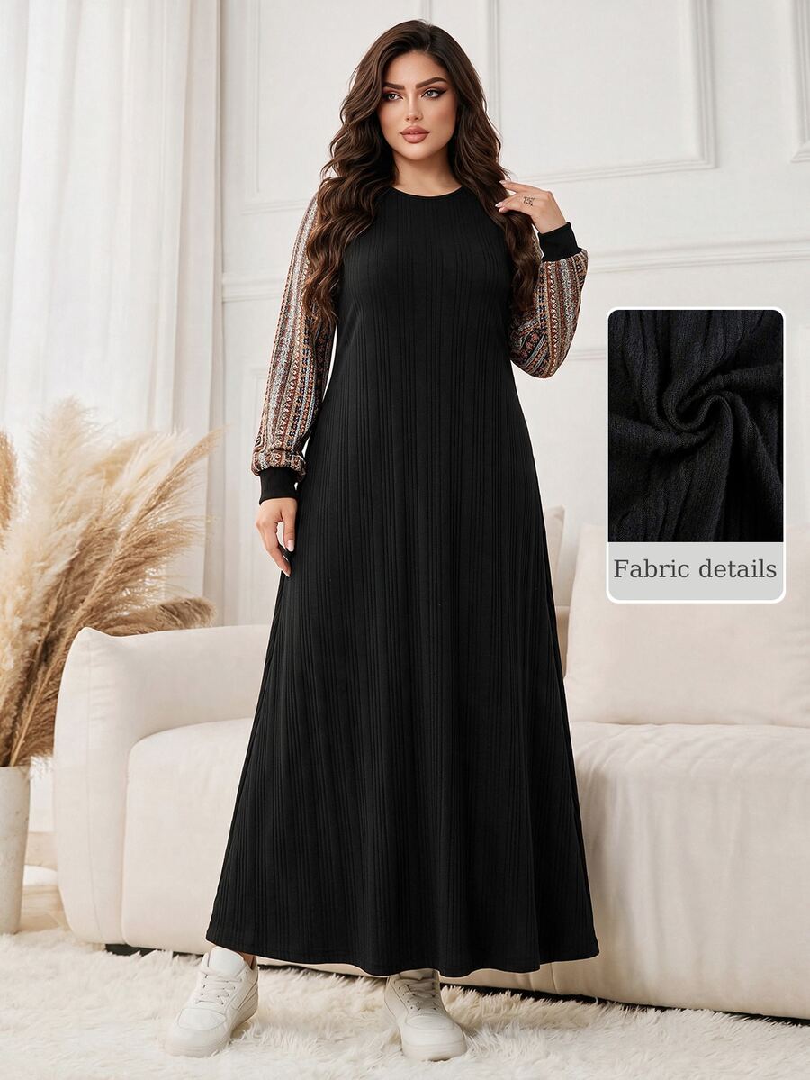 Seusyu Plus Size Women's Black Knit Textured Striped Long Sleeve Digital Print A-Line Elegant Romantic Dress