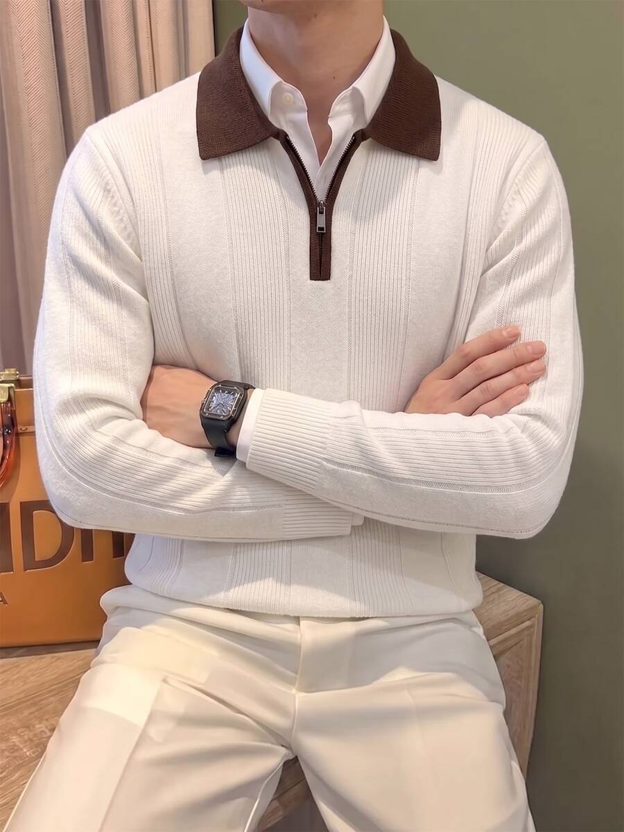 Manfinity CasualKnits 男士 Polo 領半拉鍊長袖套頭毛衣,Ins 風格,華麗派對街頭成熟風,寬鬆版型,黑色,秋季,正式,老錢風 - 白色 - 查看 1