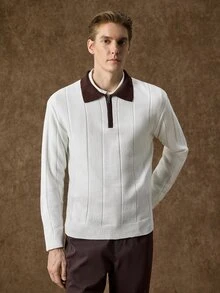 Manfinity CasualKnits 男士 Polo 領半拉鍊長袖套頭毛衣，Ins 風格，華麗派對街頭成熟風，寬鬆版型，黑色，秋季，正式，老錢風 - 白色 - 查看 7