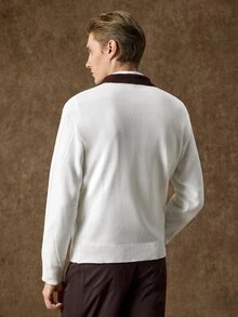 Manfinity CasualKnits 男士 Polo 領半拉鍊長袖套頭毛衣，Ins 風格，華麗派對街頭成熟風，寬鬆版型，黑色，秋季，正式，老錢風 - 白色 - 查看 6