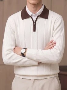Manfinity CasualKnits 男士 Polo 領半拉鍊長袖套頭毛衣，Ins 風格，華麗派對街頭成熟風，寬鬆版型，黑色，秋季，正式，老錢風 - 白色 - 查看 3