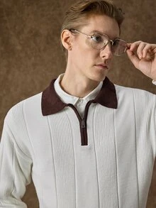 Manfinity CasualKnits 男士 Polo 領半拉鍊長袖套頭毛衣，Ins 風格，華麗派對街頭成熟風，寬鬆版型，黑色，秋季，正式，老錢風 - 白色 - 查看 2