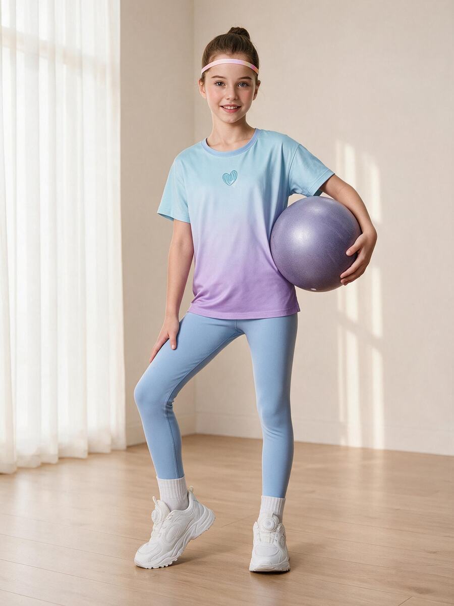 SHEIN Tween Girls 2pcs Set T-Shirt + Leggings, Yoga, Running, Workout Elastic Light Blue Campus Street Fashion Sportswear Casual Baggy Gym Active Summer