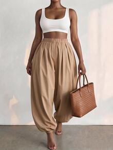 BamGlimmer Fall Khaki Elastic-Waist Straight-Leg Ankle-Length Pants, With A Relaxed And Casual Style, Suitable For Daily Outings And Street Photography. - Khaki - View 1