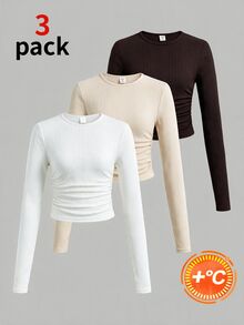 SHEIN Kids Tween Girls Simple Casual 3pcs -Piece Set Versatile Daily Long Sleeve T-Shirt Top, Suitable For All Seasons, Autumn/Winter - Multicolor - View 1