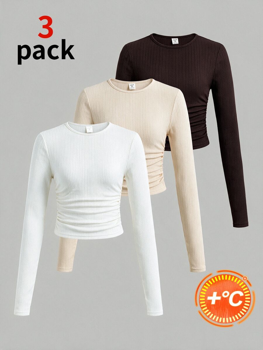 SHEIN Kids Tween Girls Simple Casual 3pcs -Piece Set Versatile Daily Long Sleeve T-Shirt Top, Suitable For All Seasons, Autumn/Winter - Multicolor - View 1