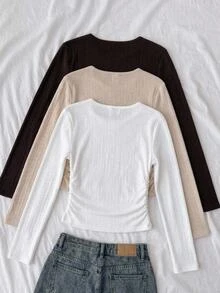 SHEIN Kids Tween Girls Simple Casual 3pcs -Piece Set Versatile Daily Long Sleeve T-Shirt Top, Suitable For All Seasons, Autumn/Winter - Multicolor - View 5