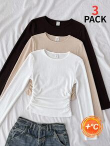 SHEIN Kids Tween Girls Simple Casual 3pcs -Piece Set Versatile Daily Long Sleeve T-Shirt Top, Suitable For All Seasons, Autumn/Winter - Multicolor - View 3