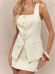 MISSGUIDED Street Buttoned Square Neck Sleeveless Vest And Mini Skirt Two Piece Co-Ord Set - Beige - View 3