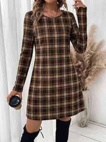 SHEIN LUNE Women's Plaid Casual Daily Dress,Winter Outfit For Women, Fall Clothes For Women ,Elegant Dresses For Women, Christmas, Plaid Dress ,New Year - Multicolor - View 8