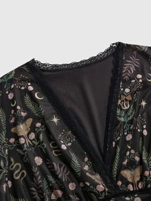 ROMWE Fairycore Mori Style Moth Moon Plant Floral Snake Print Deep V-Neck Flare Sleeve Plus Size Women's Dress - Black - View 3