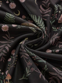 ROMWE Fairycore Mori Style Moth Moon Plant Floral Snake Print Deep V-Neck Flare Sleeve Plus Size Women's Dress - Black - View 4