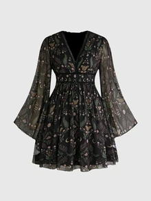 ROMWE Fairycore Mori Style Moth Moon Plant Floral Snake Print Deep V-Neck Flare Sleeve Plus Size Women's Dress - Black - View 1