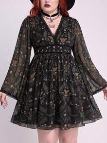 ROMWE Fairycore Mori Style Moth Moon Plant Floral Snake Print Deep V-Neck Flare Sleeve Plus Size Women's Dress - Black - View 5