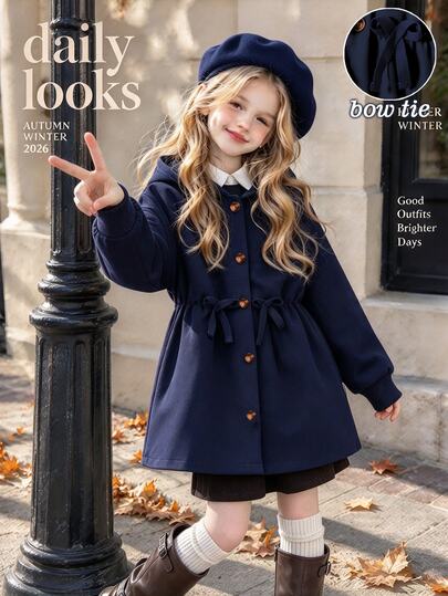 Tween Girl Casual Fashion Jacket, Solid Navy Blue With 3D Bow And Herringbone Strap, Simple Waist-Cinching Design, Amber Buttons, Long Sleeve Hooded Jacket, Suitable For Autumn/Winter Back To School Season, Cute Fashion Outfit For School, Outdoor Activities, Family Gatherings, Daily Photos, Travel
