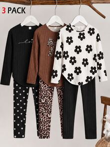 SHEIN Girls' 3 Pieces Knitted Fuzzy Ribbed Sweatshirt Pants Set, Long Sleeve, Fleece, Fall Outfits, Tops, School White Brown Black And White Beige - Multicolor - View 2