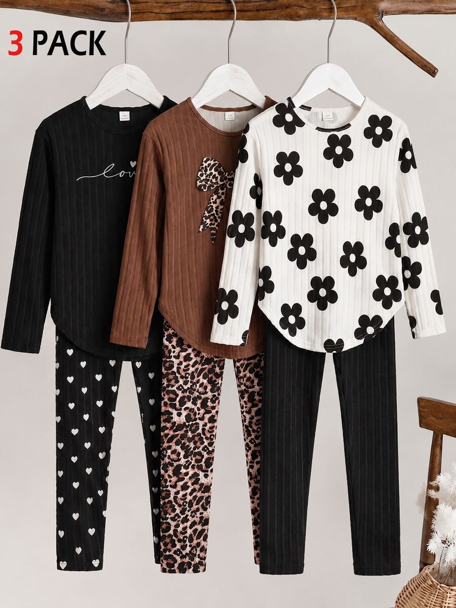 SHEIN Girls' 3 Pieces Knitted Fuzzy Ribbed Sweatshirt Pants Set, Long Sleeve, Fleece, Fall Outfits, Tops, School White Brown Black And White Beige