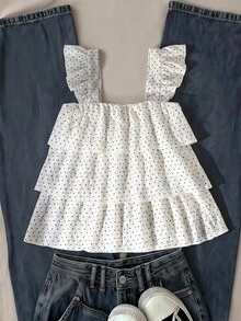 SHEIN 少女休閒可愛白黑波點上衣，柔軟設計，適合夏季度假、旅行、學校假期穿搭，舒適，生日快樂 - 白色 - 查看 2