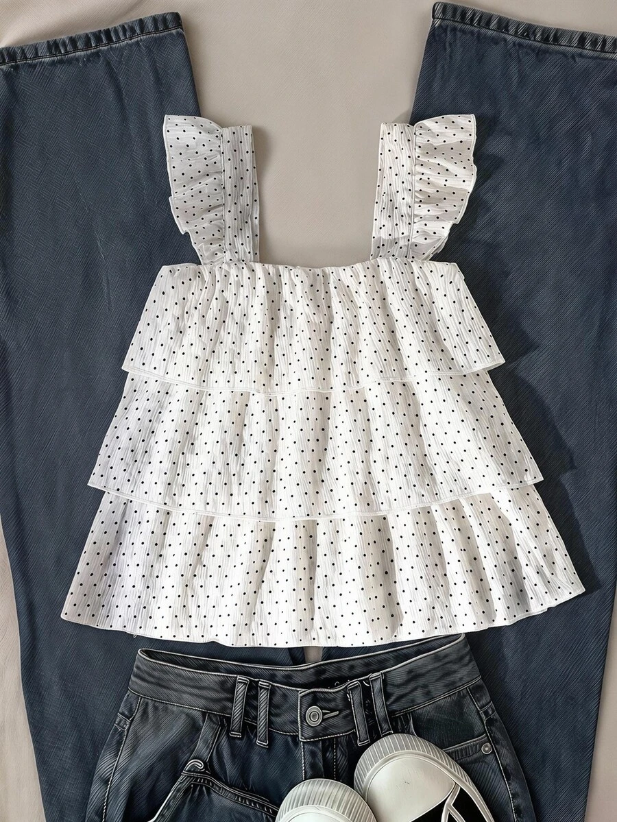 SHEIN 少女休閒可愛白黑波點上衣，柔軟設計，適合夏季度假、旅行、學校假期穿搭，舒適，生日快樂