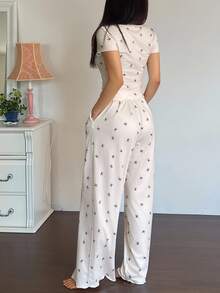 Livesso 女款休閒可愛舒適睡衣套裝，夏季居家米白色 - 黑與白 - 查看 5