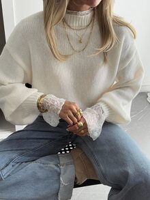 Livesso Autumn New Loose Casual Lazy Style Lace Patchwork Women's Sweater - White - View 6