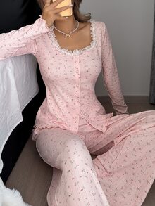 Livesso 两件套碎花荷叶边领开衫和宽松长裤睡衣套装，春季女士睡衣 - 淺粉色 - 查看 3