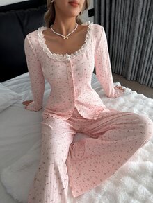 Livesso 两件套碎花荷叶边领开衫和宽松长裤睡衣套装，春季女士睡衣 - 淺粉色 - 查看 9