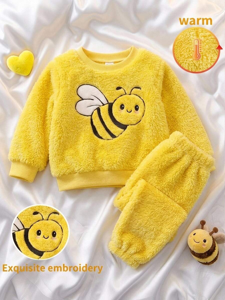 SHEIN Babygirl Yellow Cute Bee Pattern Fuzzy Loungewear Set 2pcs Autumn - Yellow - View 1