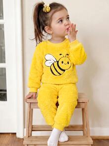 SHEIN Babygirl Yellow Cute Bee Pattern Fuzzy Loungewear Set 2pcs Autumn - Yellow - View 5