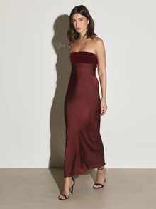 KSTM Strapless Dress With Velvet Bodice And Satin Skirt Sleeveless Bodycon Silhouette Formal Evening Gown Party - Burgundy - View 4