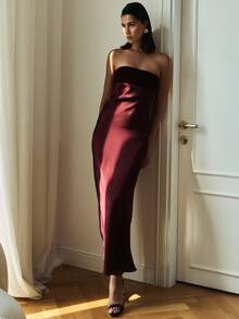 KSTM Strapless Dress With Velvet Bodice And Satin Skirt Sleeveless Bodycon Silhouette Formal Evening Gown Party - Burgundy - View 6