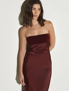KSTM Strapless Dress With Velvet Bodice And Satin Skirt Sleeveless Bodycon Silhouette Formal Evening Gown Party - Burgundy - View 3