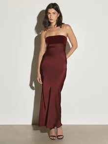 KSTM Strapless Dress With Velvet Bodice And Satin Skirt Sleeveless Bodycon Silhouette Formal Evening Gown Party - Burgundy - View 1