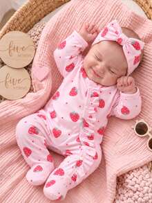 1 Pack Newborn Long Sleeve Footed Jumpsuit, Cute All-Over Print, Knitted Comfortable Soft, Versatile Fashion, Best Choice - Pink - View 2