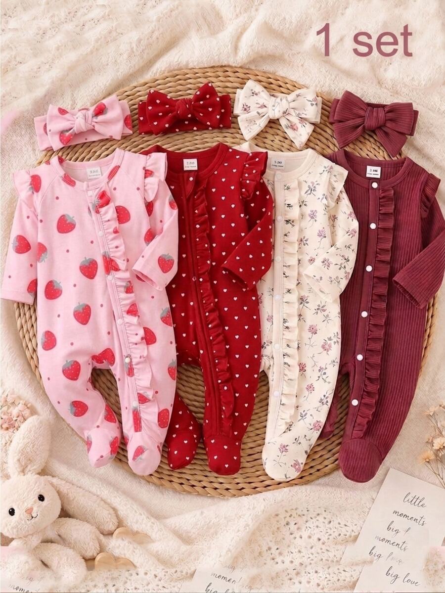 1 Pack Newborn Long Sleeve Footed Jumpsuit, Cute All-Over Print, Knitted Comfortable Soft, Versatile Fashion, Best Choice - Pink - View 1