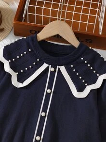 Tween Girls' Black And White Knitted 2 Pieces Outfit,Elegant Autumn Sweater Co-Ords Set With Ruffled Collar & 3D Pearl,Family Matching Pants Suit - Navy Blue - View 3