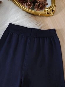 Tween Girls' Black And White Knitted 2 Pieces Outfit,Elegant Autumn Sweater Co-Ords Set With Ruffled Collar & 3D Pearl,Family Matching Pants Suit - Navy Blue - View 6