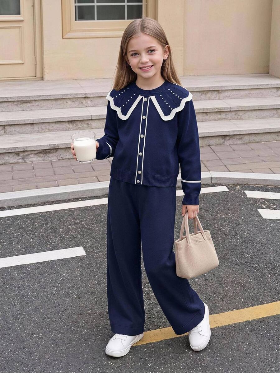 Tween Girls' Black And White Knitted 2 Pieces Outfit,Elegant Autumn Sweater Co-Ords Set With Ruffled Collar & 3D Pearl,Family Matching Pants Suit - Navy Blue - View 1