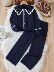 Tween Girls' Black And White Knitted 2 Pieces Outfit,Elegant Autumn Sweater Co-Ords Set With Ruffled Collar & 3D Pearl,Family Matching Pants Suit - Navy Blue - View 9
