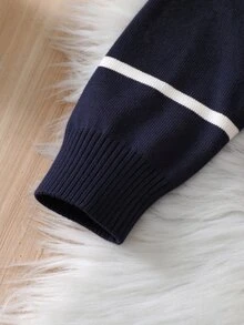 Tween Girls' Black And White Knitted 2 Pieces Outfit,Elegant Autumn Sweater Co-Ords Set With Ruffled Collar & 3D Pearl,Family Matching Pants Suit - Navy Blue - View 4