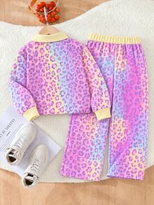 SHEIN Young Girl Fashion Casual Leopard Print Horse Riding Print Lapel V-Neck Long Sleeve Sweatshirt & Inter - Multicolor - View 2