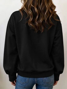 SHEIN 女款秋冬新款極簡純色小V領長袖衛衣，寬鬆顯瘦遮身百搭通勤款 - 黑色 - 查看 2