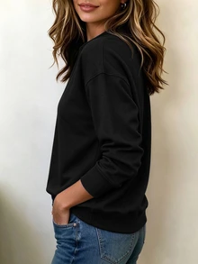 SHEIN 女款秋冬新款極簡純色小V領長袖衛衣，寬鬆顯瘦遮身百搭通勤款 - 黑色 - 查看 6