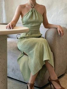 TaskSense Women's Elegant Sage Green Halter Neck Sleeveless Maxi Dress,Summer Vacation Split Knot Detail Backless Party Dress,Slim Fit Body Inclusive - Mist Green - View 3