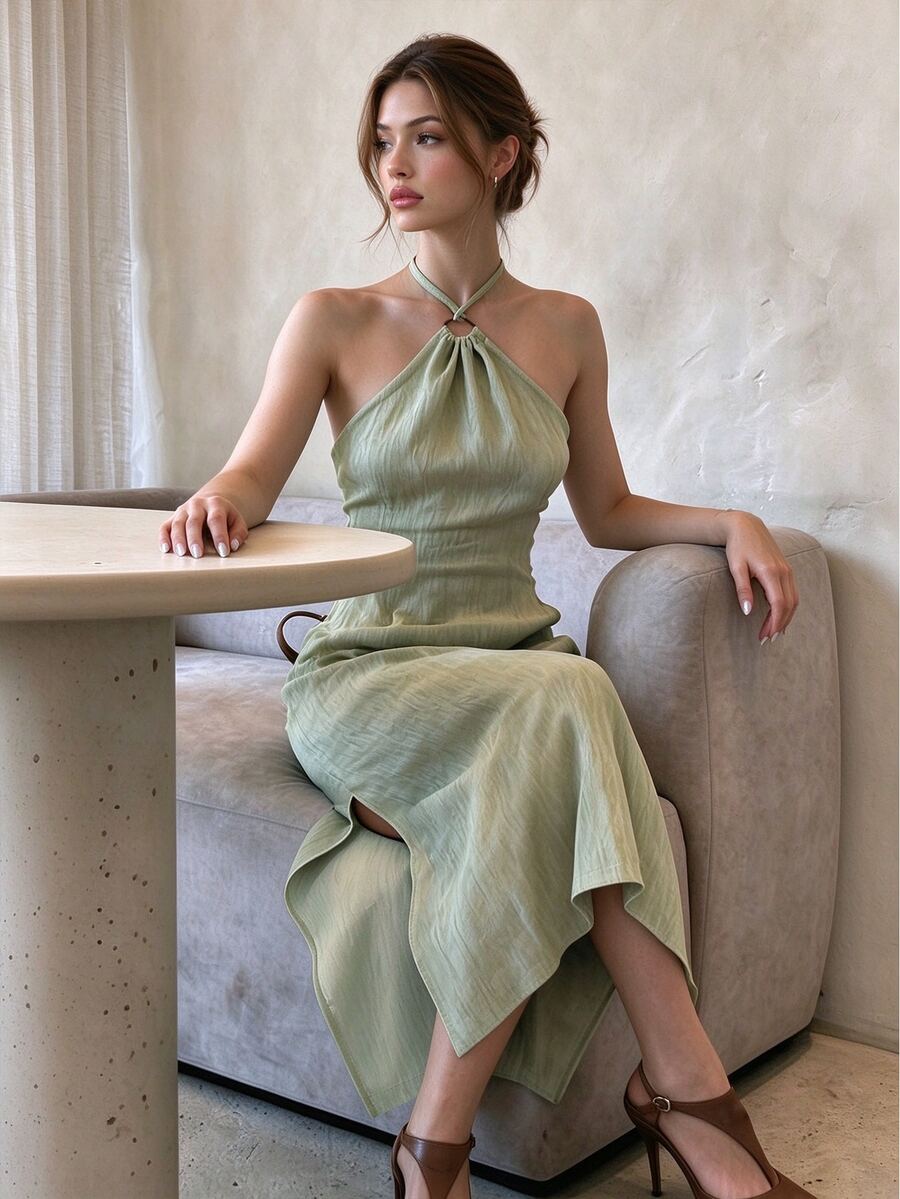 TaskSense Women's Elegant Sage Green Halter Neck Sleeveless Maxi Dress,Summer Vacation Split Knot Detail Backless Party Dress,Slim Fit Body Inclusive - Mist Green - View 1