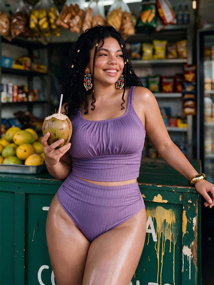 SHEIN Swim Curve 大尺碼女款夏季海灘度假純色抓皺分體式比基尼套裝 紫色 性感優雅 - 紫色 - 查看 1