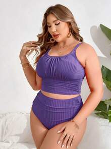 SHEIN Swim Curve 大尺碼女款夏季海灘度假純色抓皺分體式比基尼套裝 紫色 性感優雅 - 紫色 - 查看 4