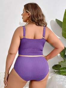 SHEIN Swim Curve 大尺碼女款夏季海灘度假純色抓皺分體式比基尼套裝 紫色 性感優雅 - 紫色 - 查看 2