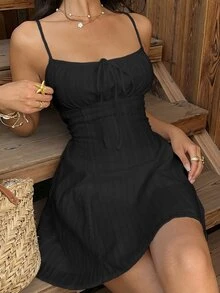 SHEIN EZwear 黑色编织浪漫吊带裙（女款） - 黑色 - 查看 5